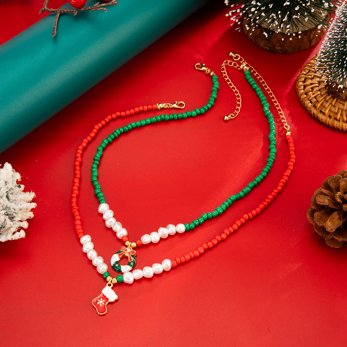 Sweet Christmas Bell and Tree Alloy Pendant Necklace with Seed Beads for Women