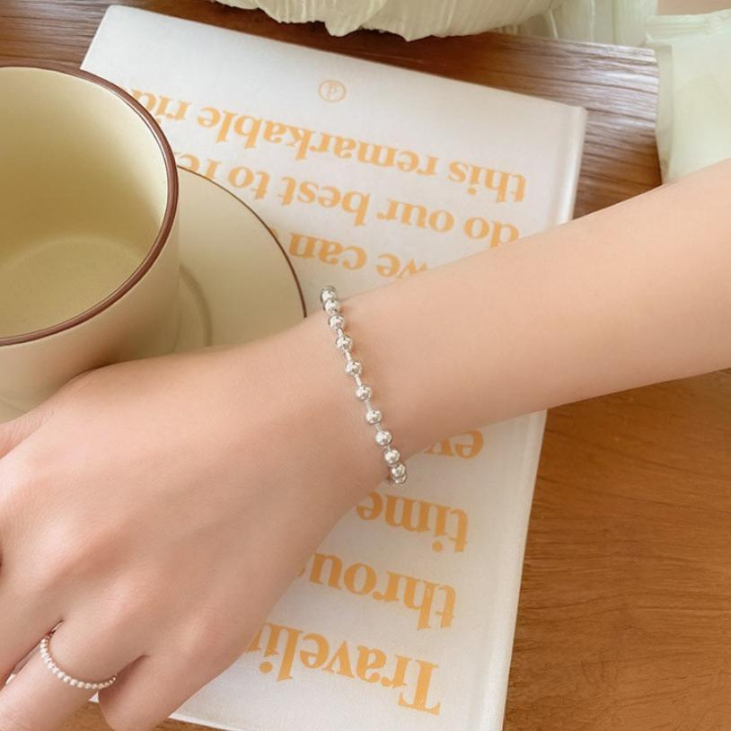 Pulsera de cadena de bolas redondas de plata de ley 925 minimalista para mujer