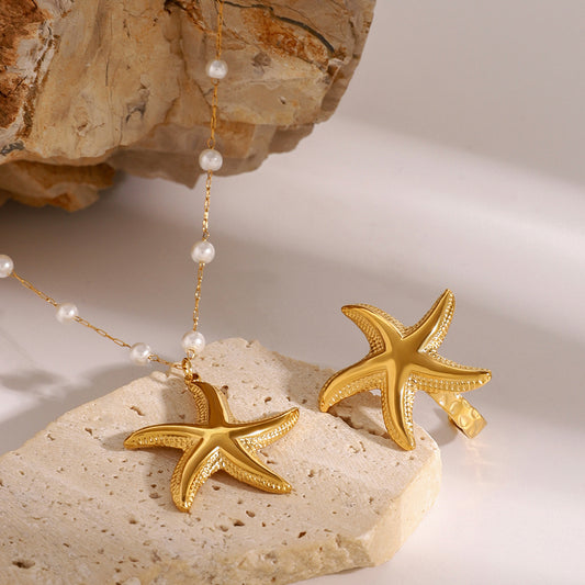 Minimalist Stainless Steel Plated Starfish Pearl Pendant Necklace for Women