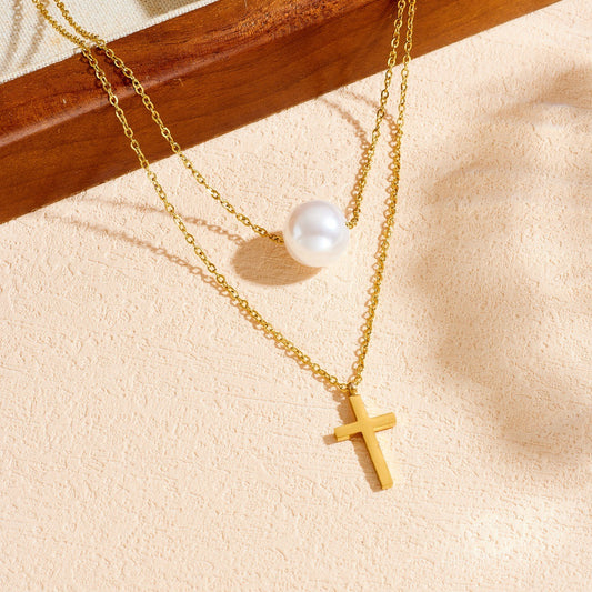 Gold Plated Stainless Steel Cross Pearl Pendant Necklace Double Layer Fine Chain for Women