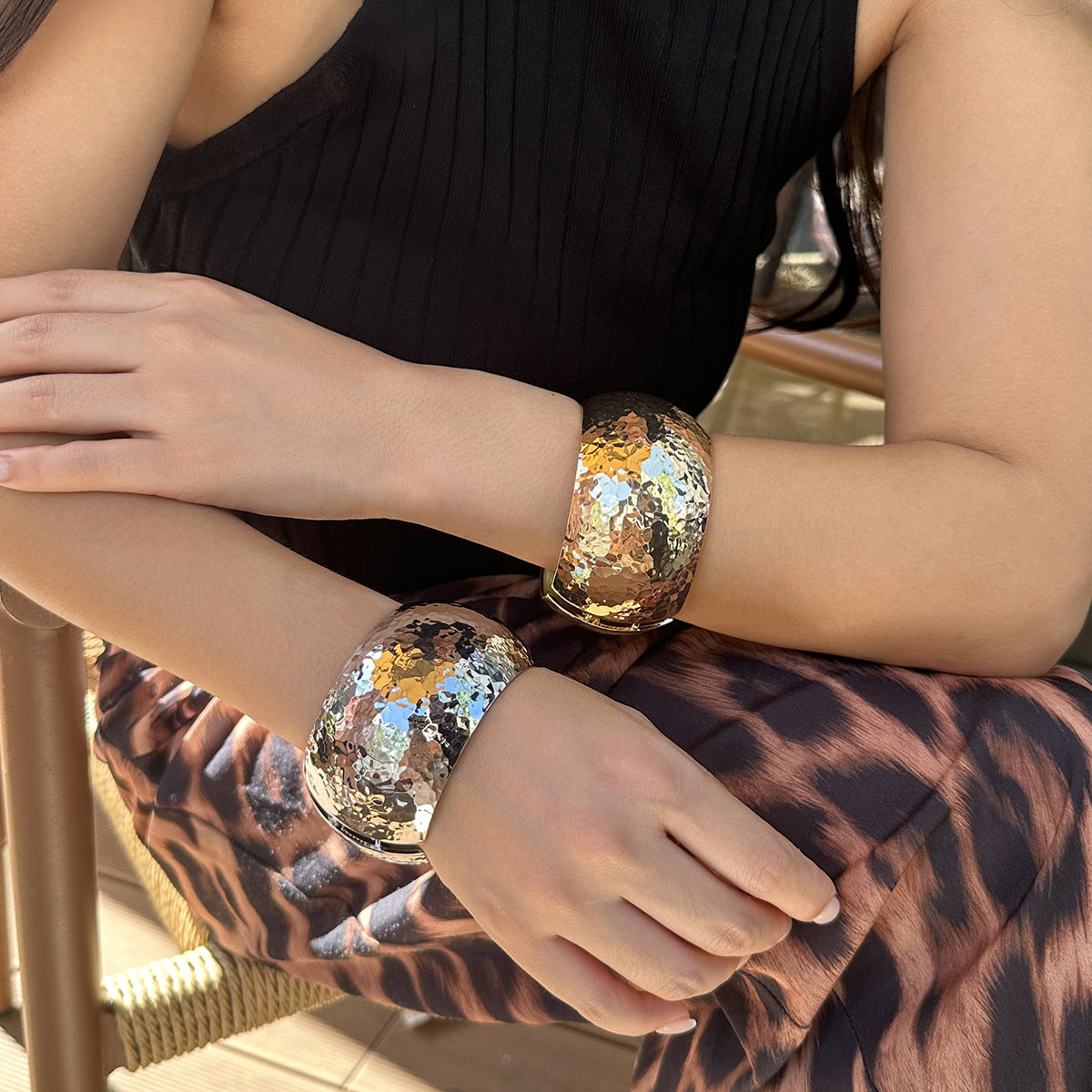 Streetwear Round Plated Alloy Wide Cuff Bracelet Set