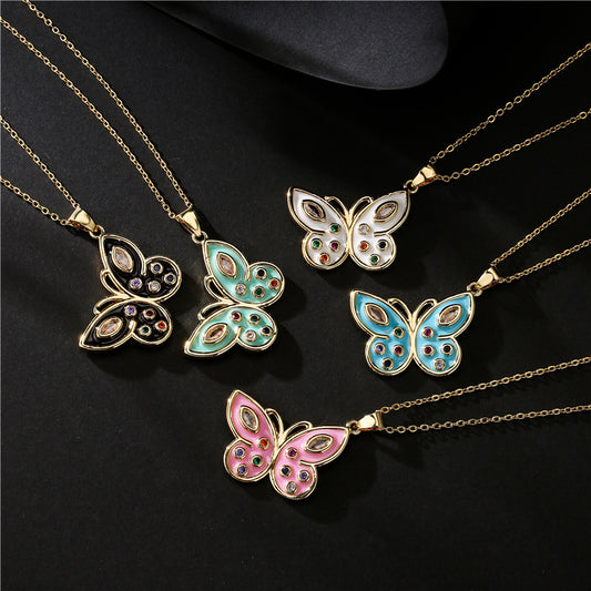 Butterfly Drip Oil Gold Plated Brass Micro-set Cubic Zirconia Necklace with Box Chain