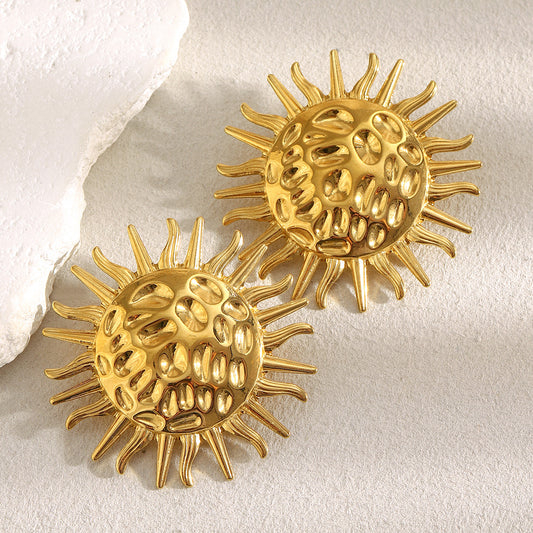 Minimalist Sun-Shaped Stainless Steel Earrings with 18K Gold Plating for Women