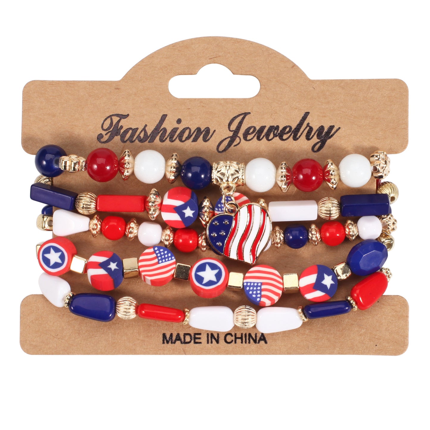 Unisex Red White Blue Resin Crystal Beaded Bracelet with Floral Pattern
