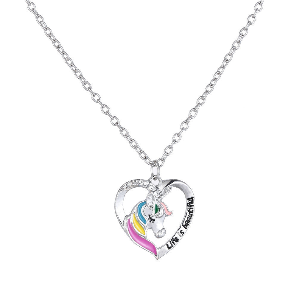 Collar colgante minimalista de unicornio para niñas, joyería de esmalte de aleación con forma de corazón, cadena O de longitud ajustable