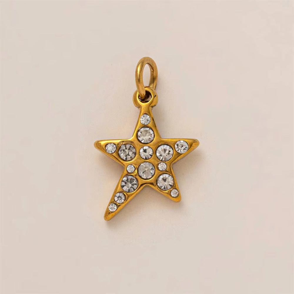 Vintage 18K Gold Plated Stainless Steel Star Cubic Zirconia Pendant Charm Bar PVD
