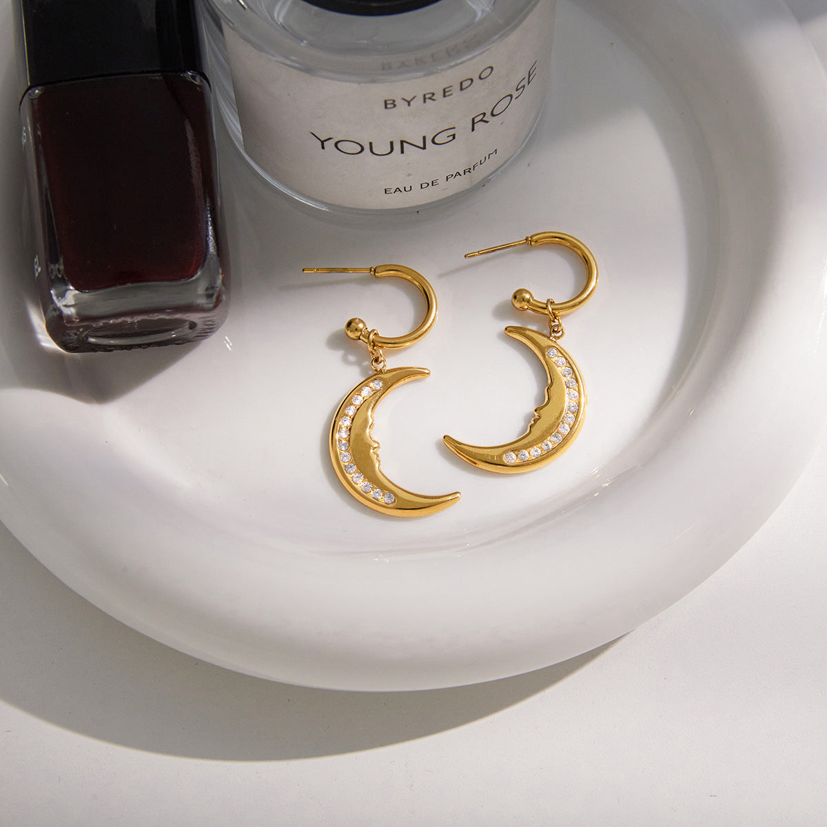 Elegant Geometric Moon Stainless Steel Plated Hoop Earrings for Women