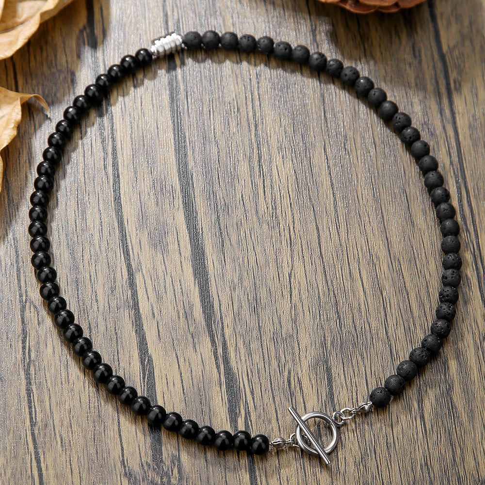Hip-hop Handmade Geometric Round Volcanic Stone Flash Stone Hematite Beaded Necklace for Unisex with Cable Chain