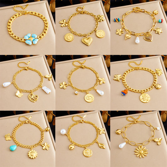 Vintage Style Floral and Heart-Shaped Pendant Bracelet in Stainless Steel with Plated Finish for Women
