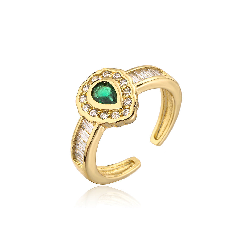 Vintage Geometric Open-Ended Drop-Shaped Ring for Women Made of Brass with 18K Gold Plating and Zircon Inlay
