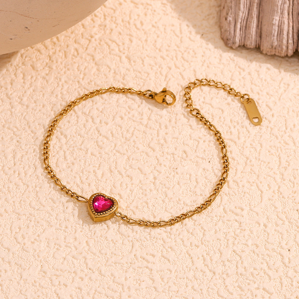 Fashionable Minimalist Heart-Shaped Stainless Steel Plated 18K Gold Figaro Bracelet for Women