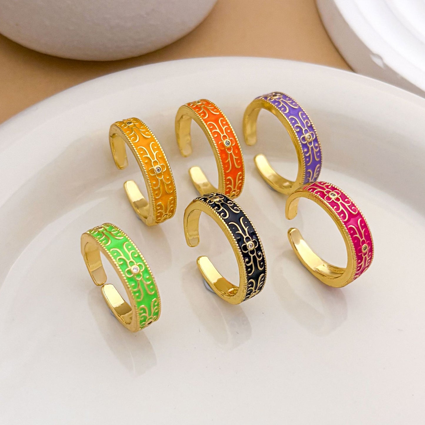 Vintage Sweet Gold Plated Brass Ring with Ethnic Patterns for Women