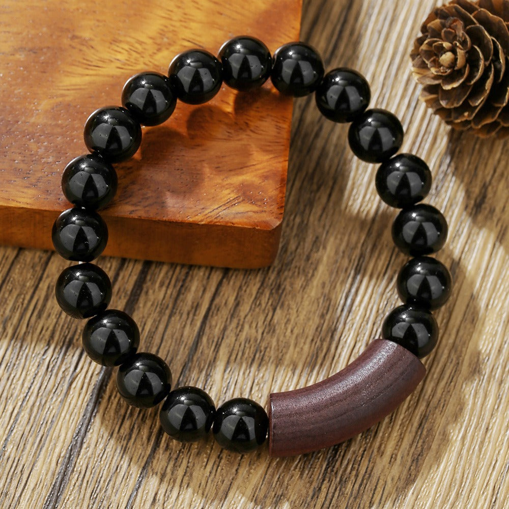Maillard Tone Geometric Round Wood Bead Stainless Steel Bracelet