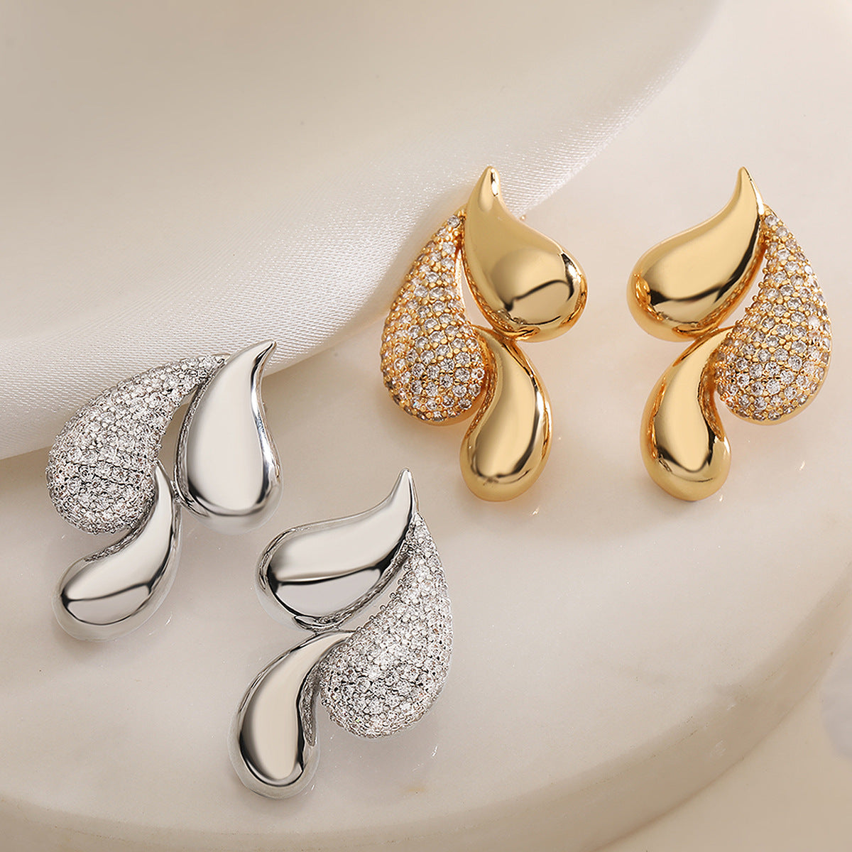 Irregular Geometric Zircon Stud Earrings for Women in Copper with Real Gold Plating and Micro-Pavé Setting
