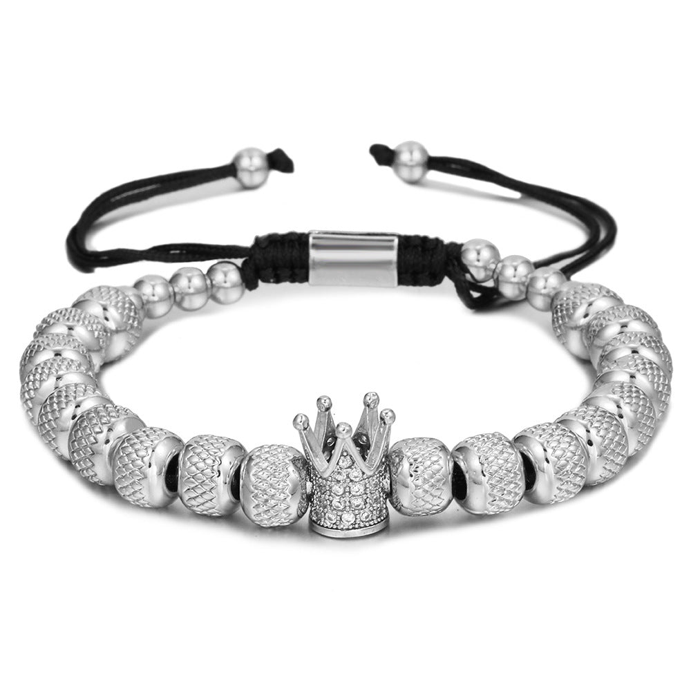 Vintage Geometric Titanium Steel Bracelet with Cubic Zirconia Pineapple Beads and Crown Charms for Unisex