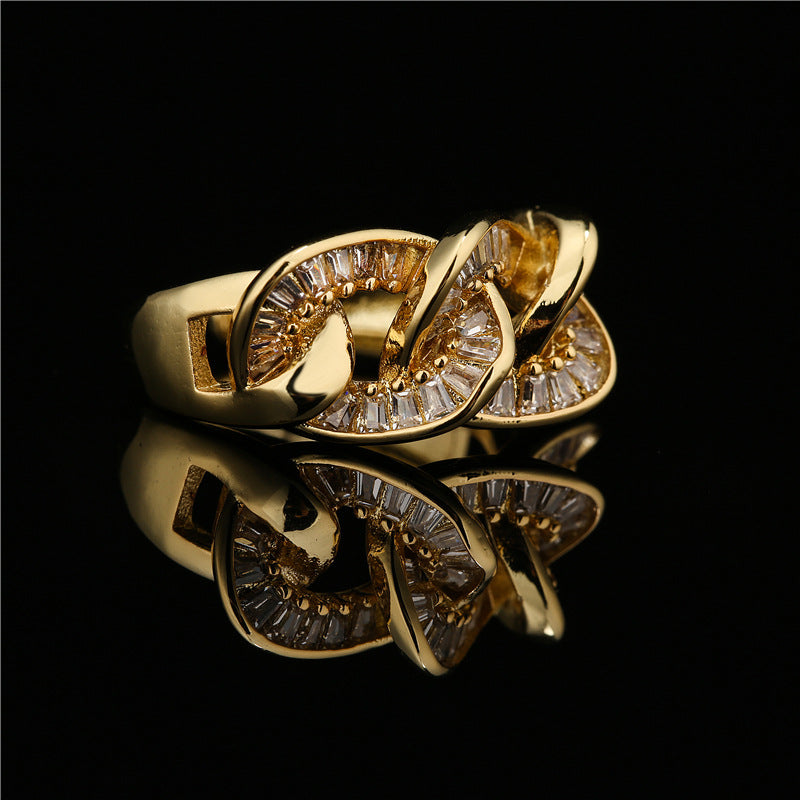 18K Gold Plated Geometric Micro-Inlaid Cubic Zirconia Brass Ring for Women