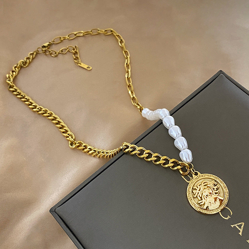 Baroque Geometric Gold Plated Titanium Steel Necklace with Pearl Beads for Unisex