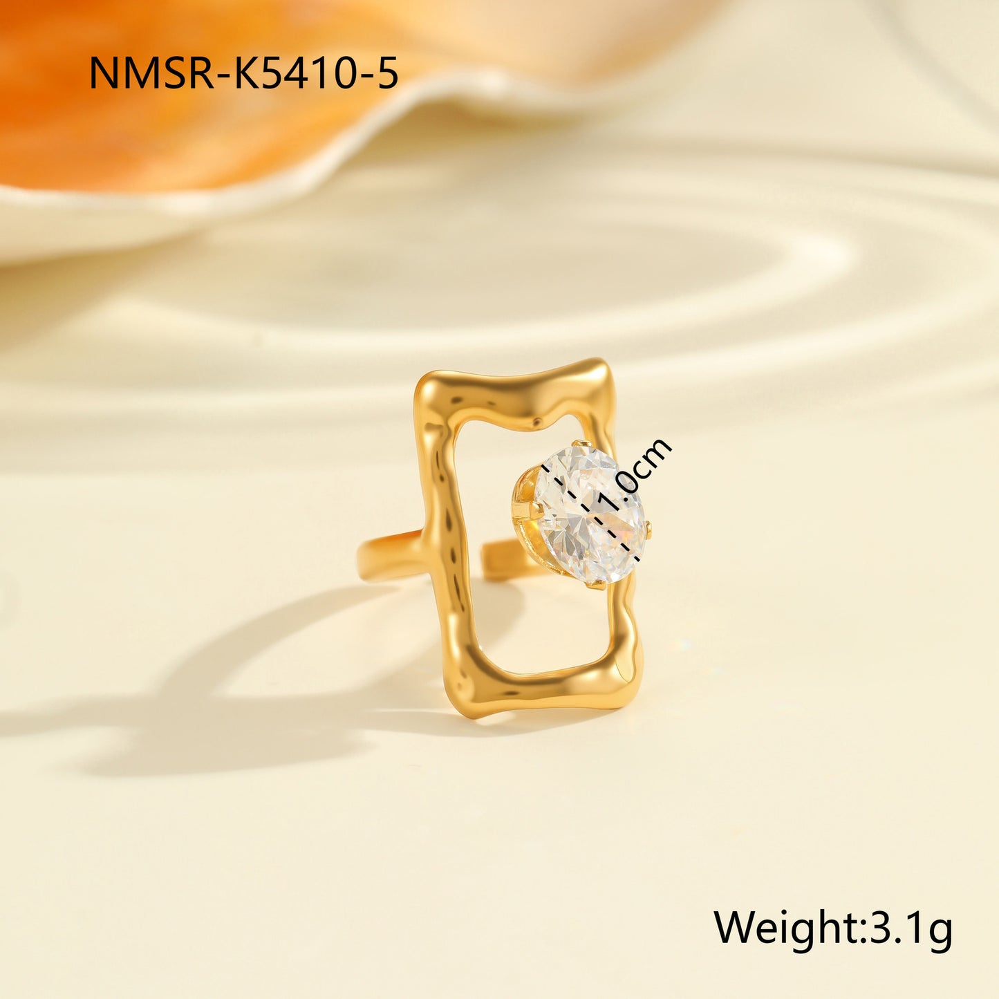 Anello minimalista irregolare geometrico in acciaio al titanio con intarsio di zirconi e placcatura in oro 18 carati per donna