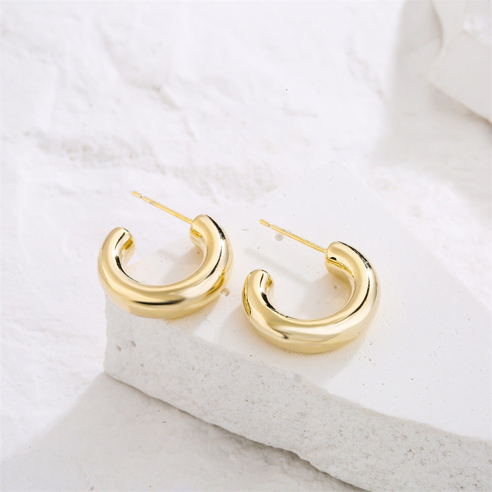 Minimalist 14K Gold Plated Geometric Half-Round Brass Earrings with 925 Sterling Silver Posts for Women