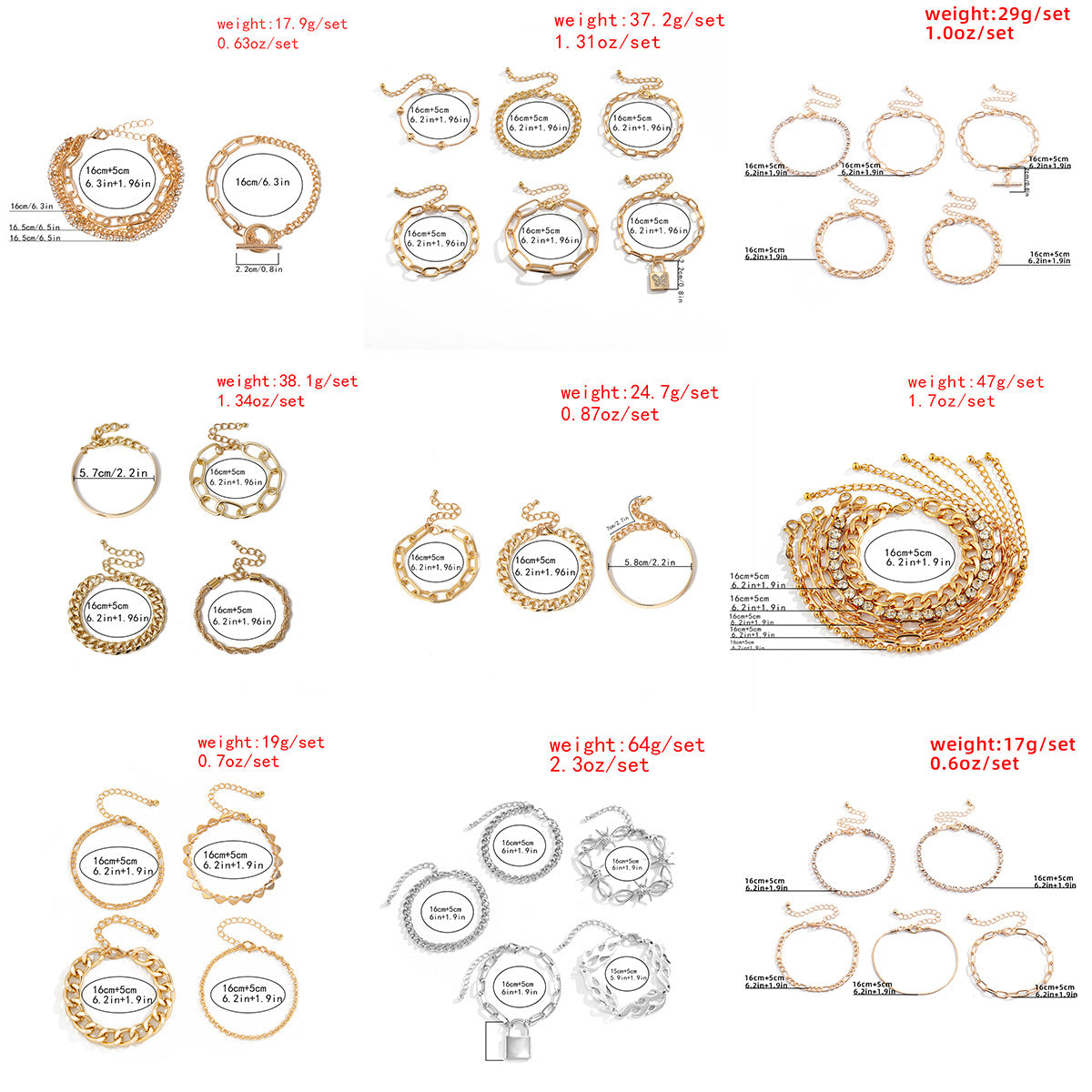 Minimalist Geometric Alloy Plated C-Shape Cable and Rope Chain Bracelet Set for Women