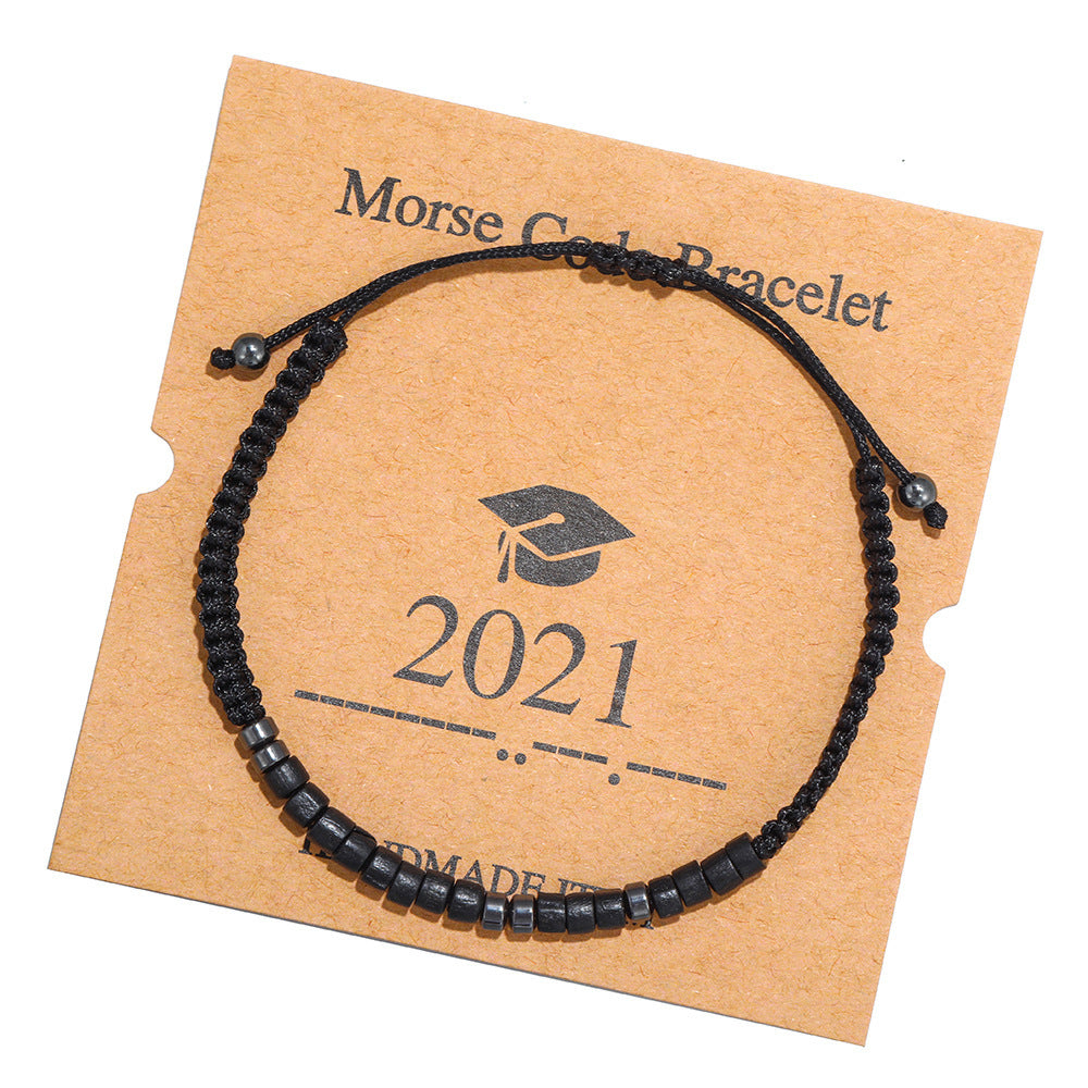 Geometric Morse Code Wood Bead Bracelet Unisex Handmade Braided Card