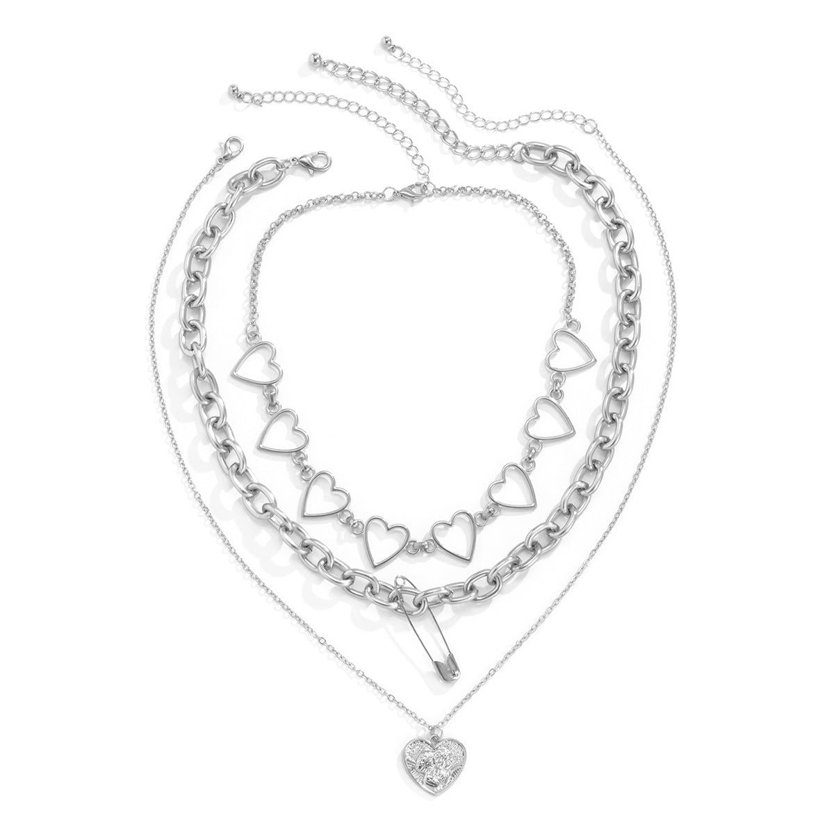 Hip-hop Sweet Geometric Heart Engraved Zinc Alloy Pendant Multi-layer Necklace with Iron Chain
