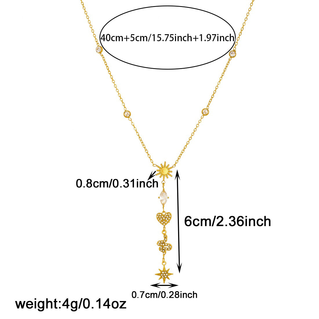 Vintage Gold Plated Stainless Steel Star Heart Rhinestone Pendant Necklace for Women