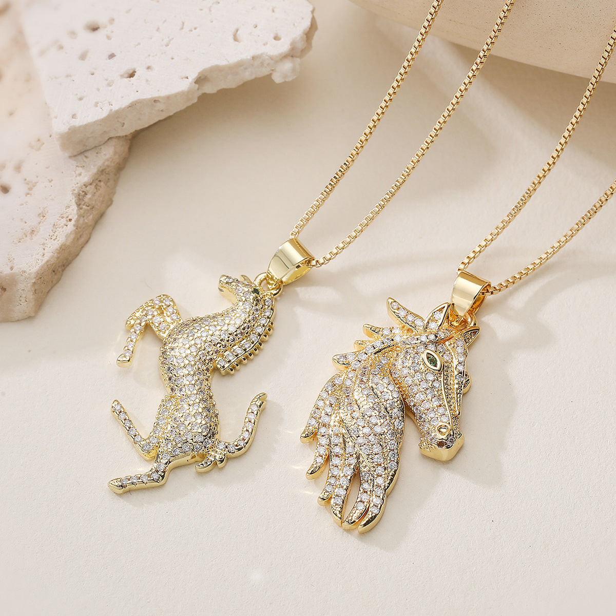 Minimalist Elegant Gold Plated Brass Horse Pendant Necklace with Cubic Zirconia for Women
