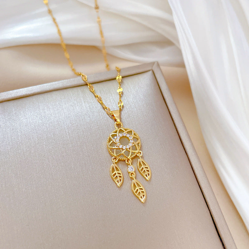 Feather Tassel Luxury Necklace for Women Geometric Pendant Stainless Steel Chain Wedding Party Collarbone Jewelry