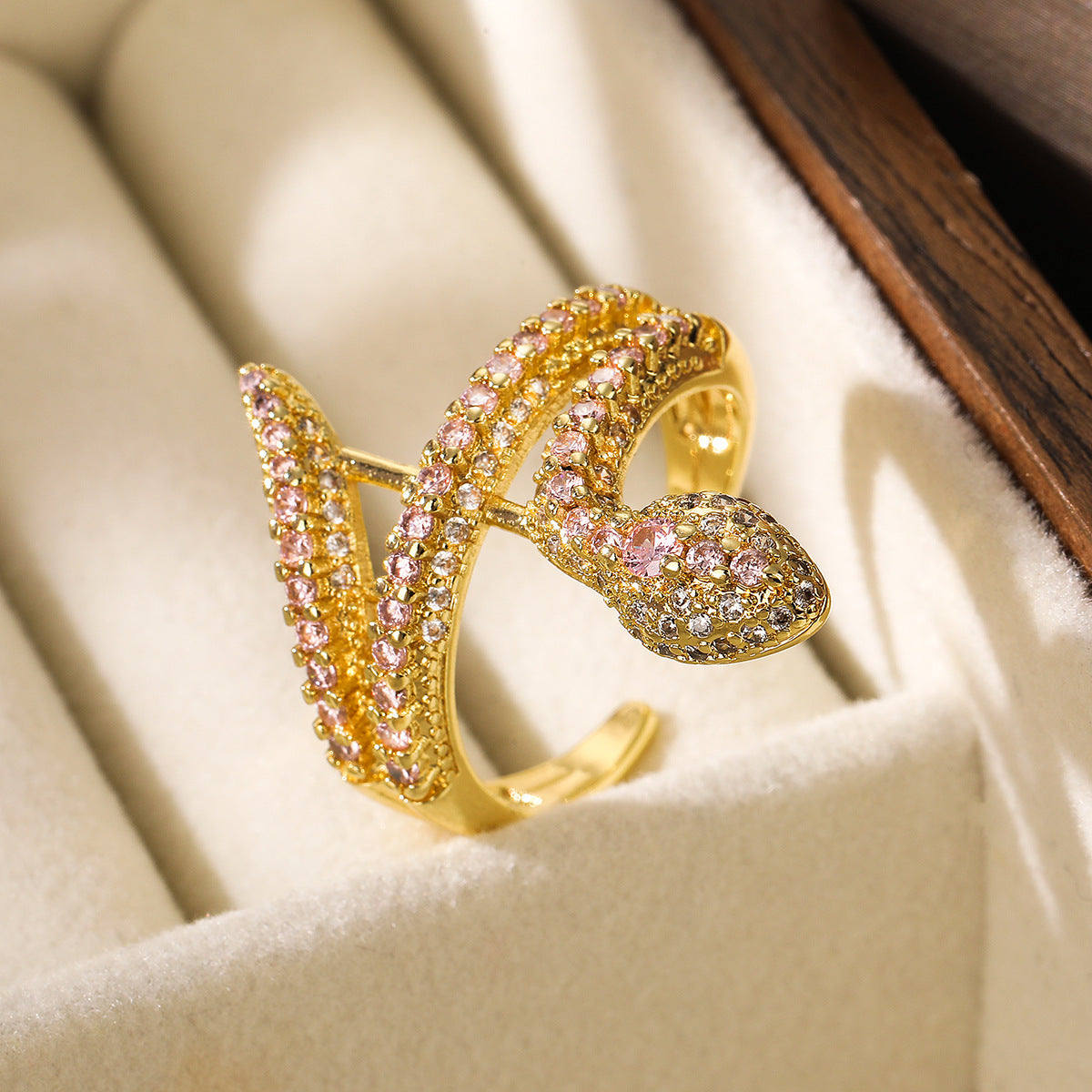 Minimalist Geometric Snake-Shaped Copper Ring with Real Gold Plating and Zircon Inlay for Women