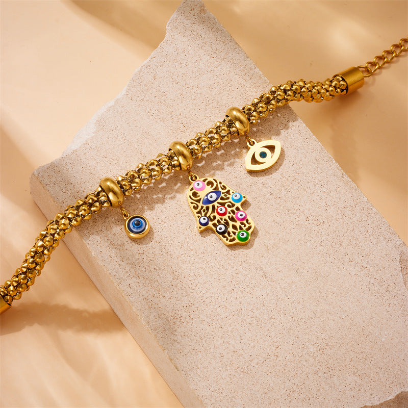 Vintage-Style Gold-Plated Stainless Steel Enamel Evil Eye Hand Charm Bracelet for Women