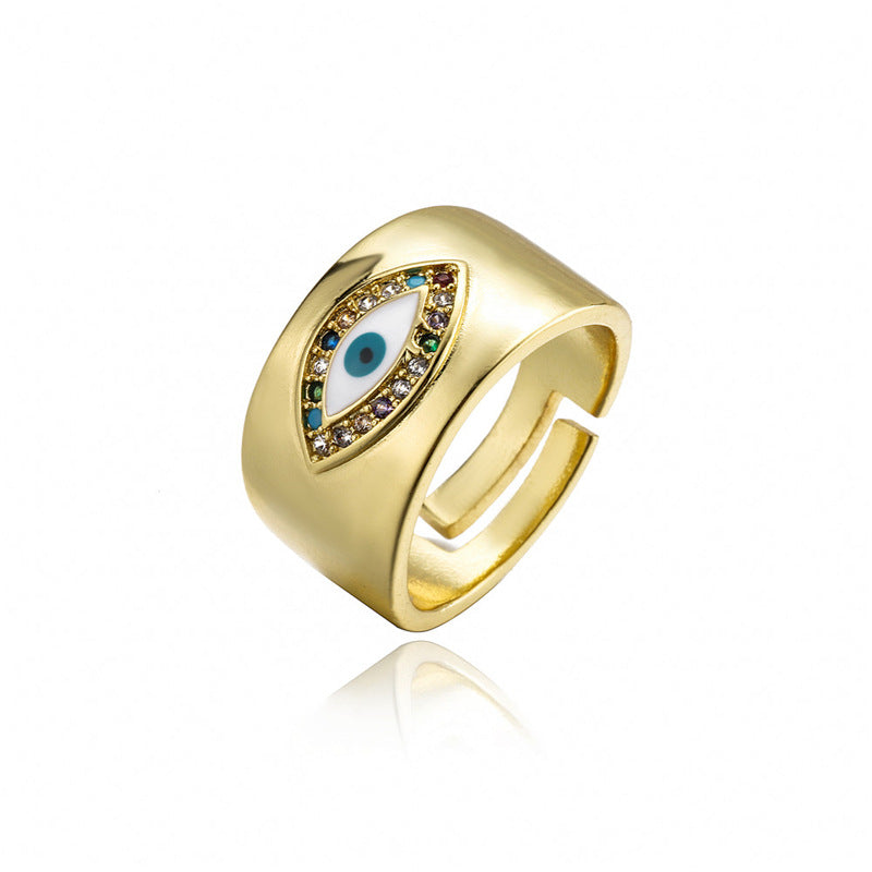 Geometric Open Ring with Turquoise and Cubic Zirconia Inlay, Gold-Plated Copper, Bohemian Style