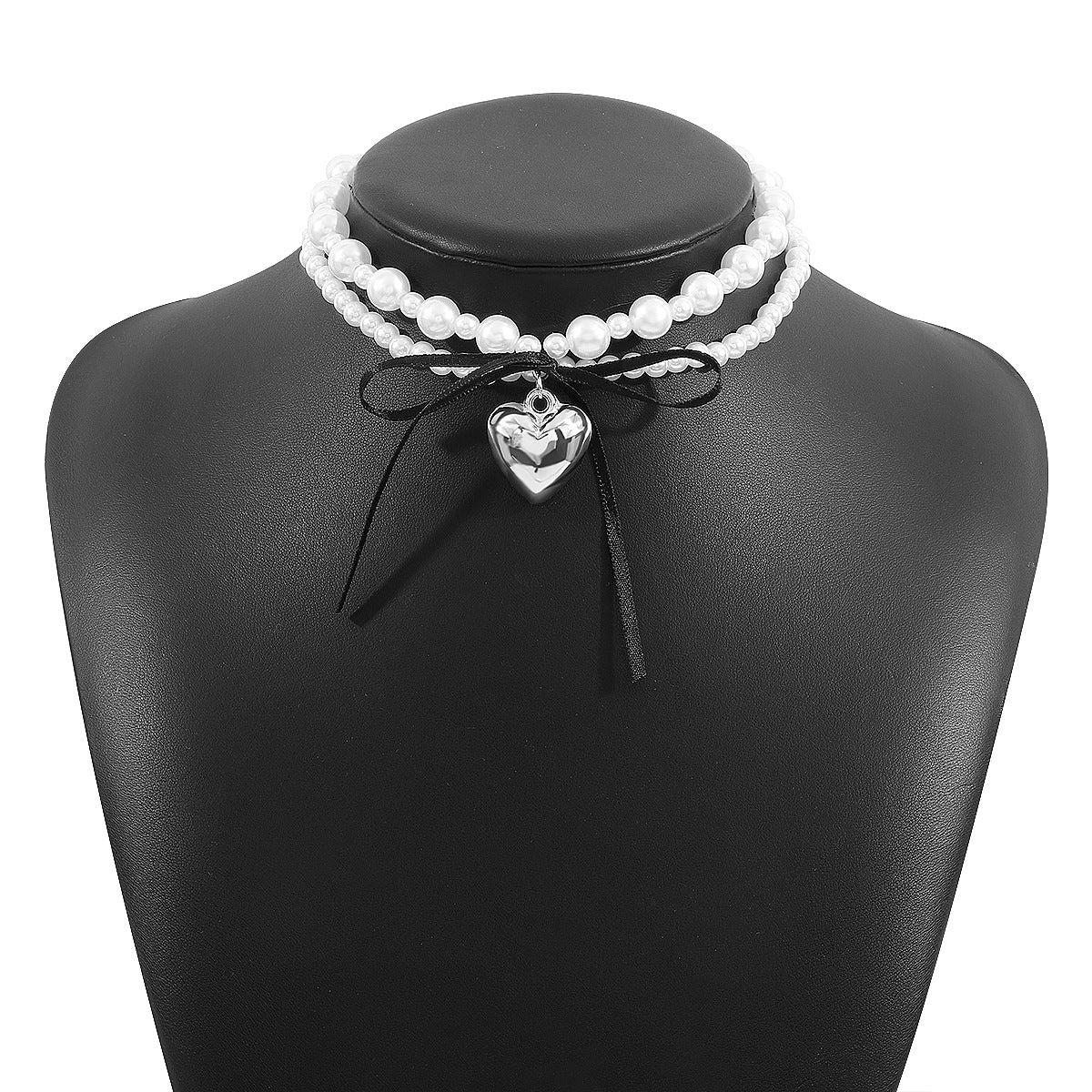 Sweet and Edgy Heart-Shaped Imitation Pearl Pendant Necklace with Satin Ribbon Bow and Double-Layer Design for Women