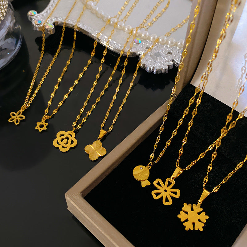 Layered Floral Geometric Hollow Snowflake Clover Pendant Plated Titanium Steel Necklace for Unisex