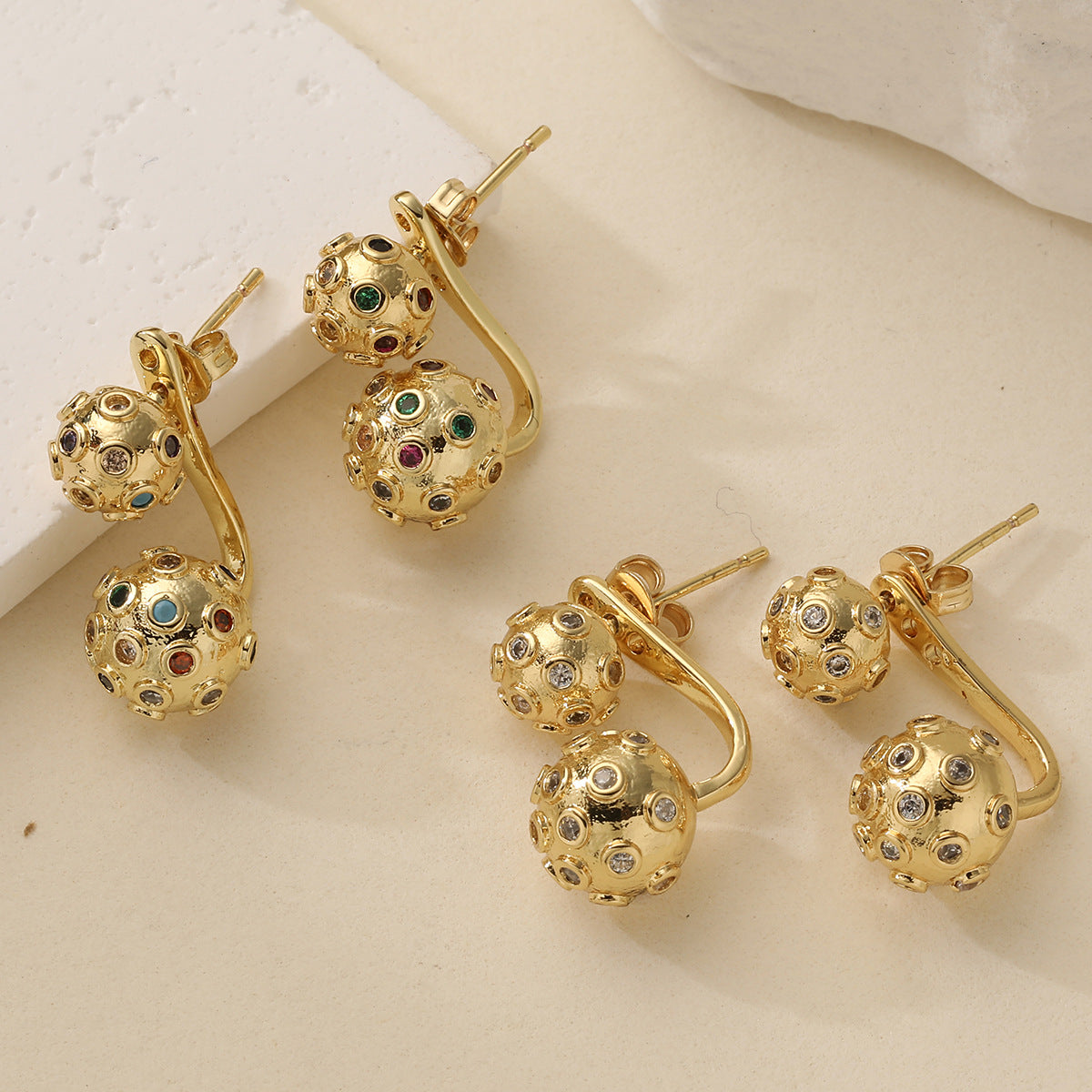Minimalist Punk Geometric Round Gold Plated Brass Cubic Zirconia Stud Earrings for Women