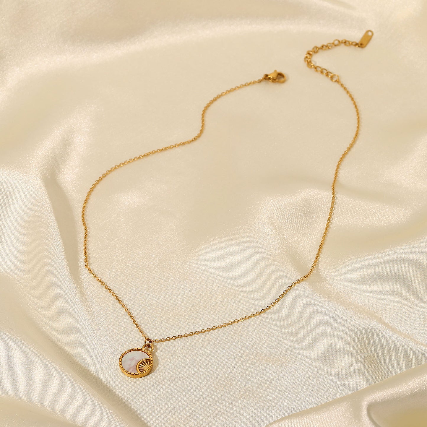 Minimalist Moon-Shaped White Abalone Pendant Necklace in Stainless Steel with 18K Gold Plating for Women