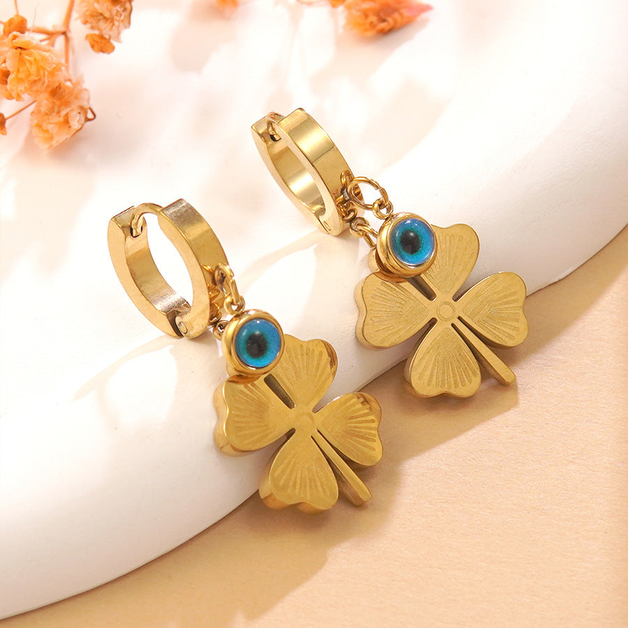 Stainless Steel Plated Four-Leaf Clover Evil Eye Earrings for Women