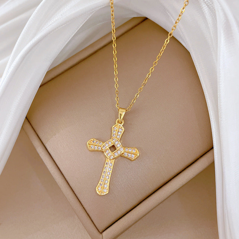 Sweet Rotating Cross Rhinestone Titanium Steel Necklace Unisex Cable Chain