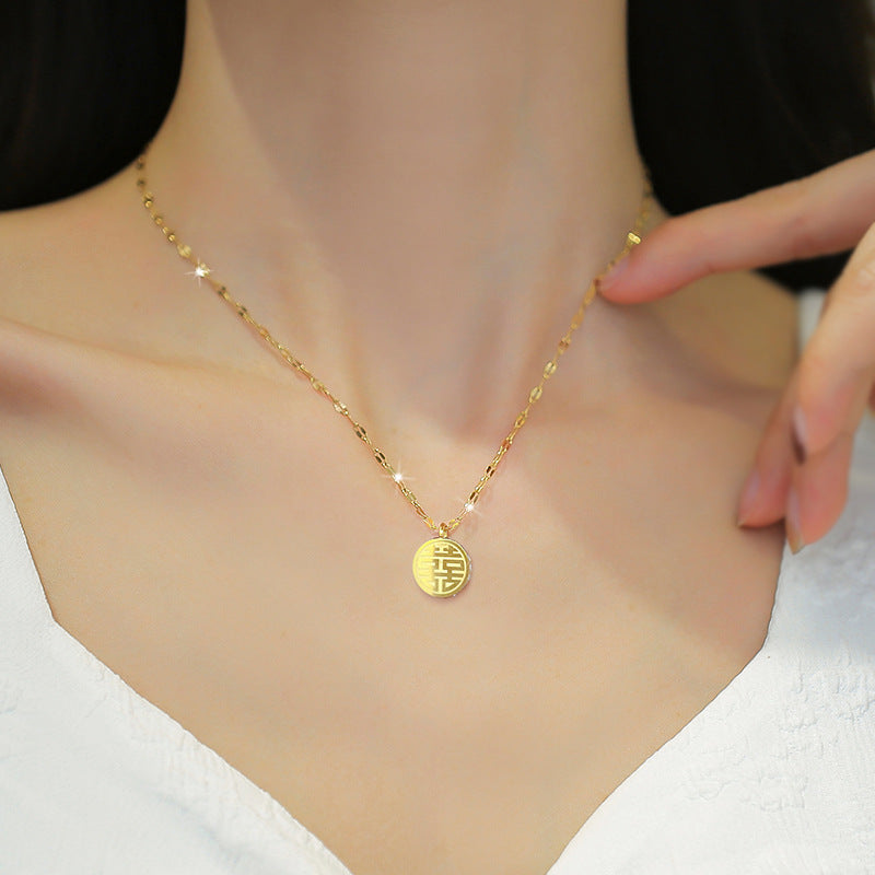Titanium Steel Gold-Plated Double-Sided Feng Shui Pendant Necklace with Rhinestone Inlay for Women Locket Style Clavicle Chain