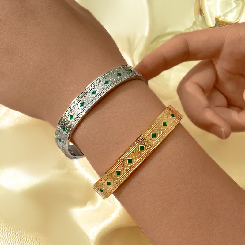 Vintage Geometric Green Cubic Zirconia Inlay Titanium Steel Cuff Bracelet