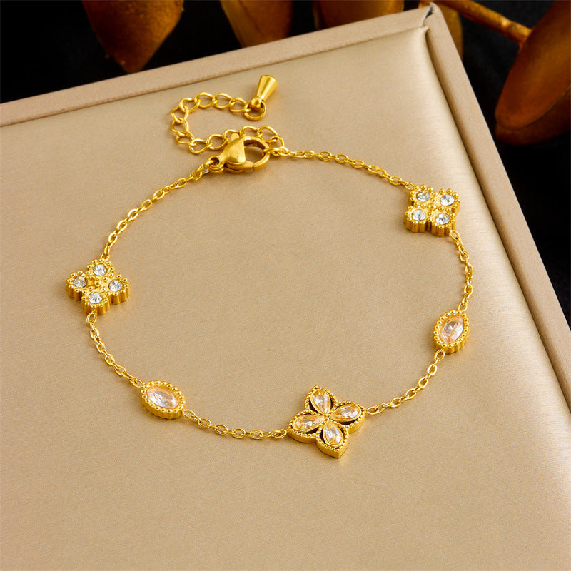 Luxury Elegant Geometric Floral Rhinestone Inlay Stainless Steel Double Layer Bracelet with Pearl