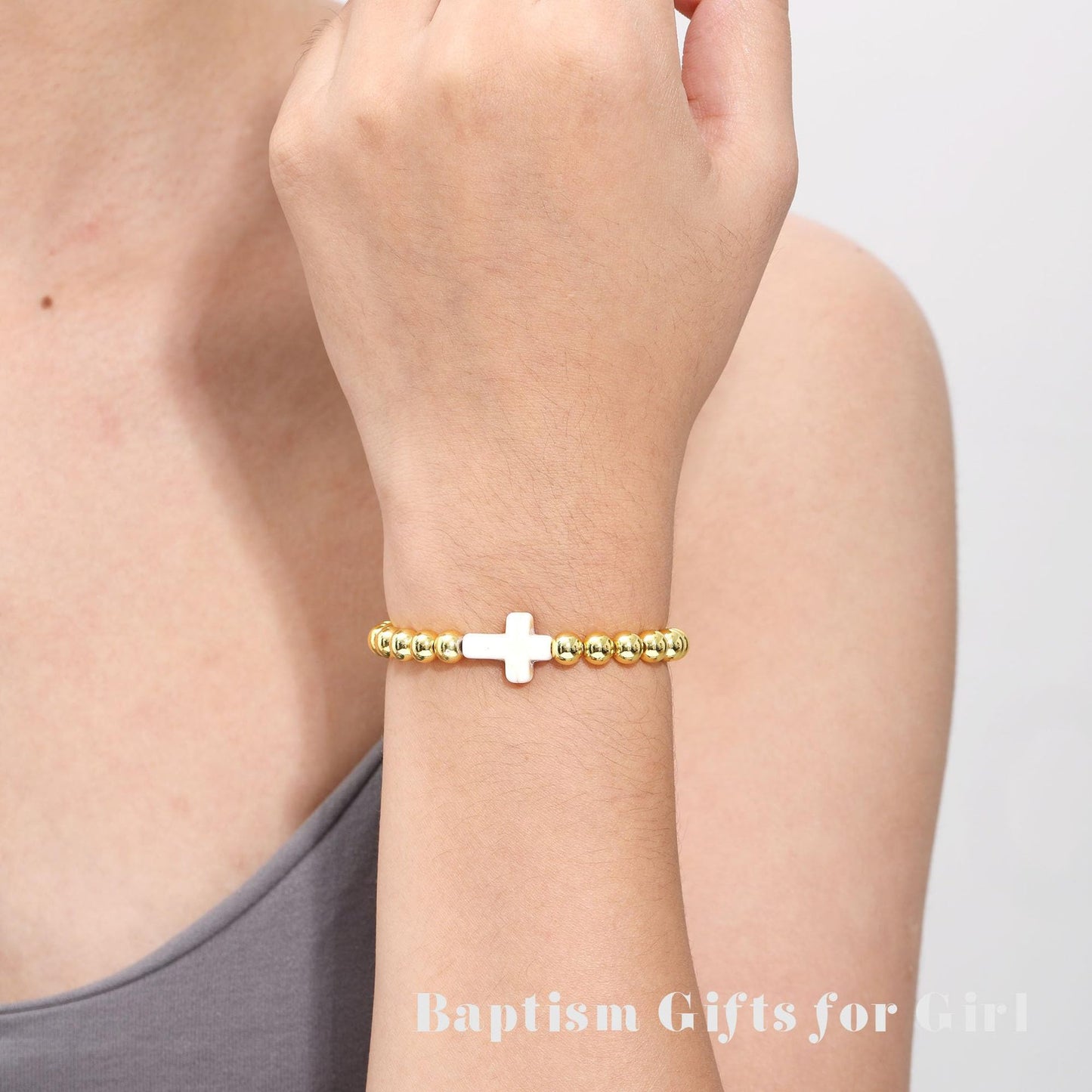 14K Gold Plated Hematite Bead Bracelet with Cross Pendant for Women