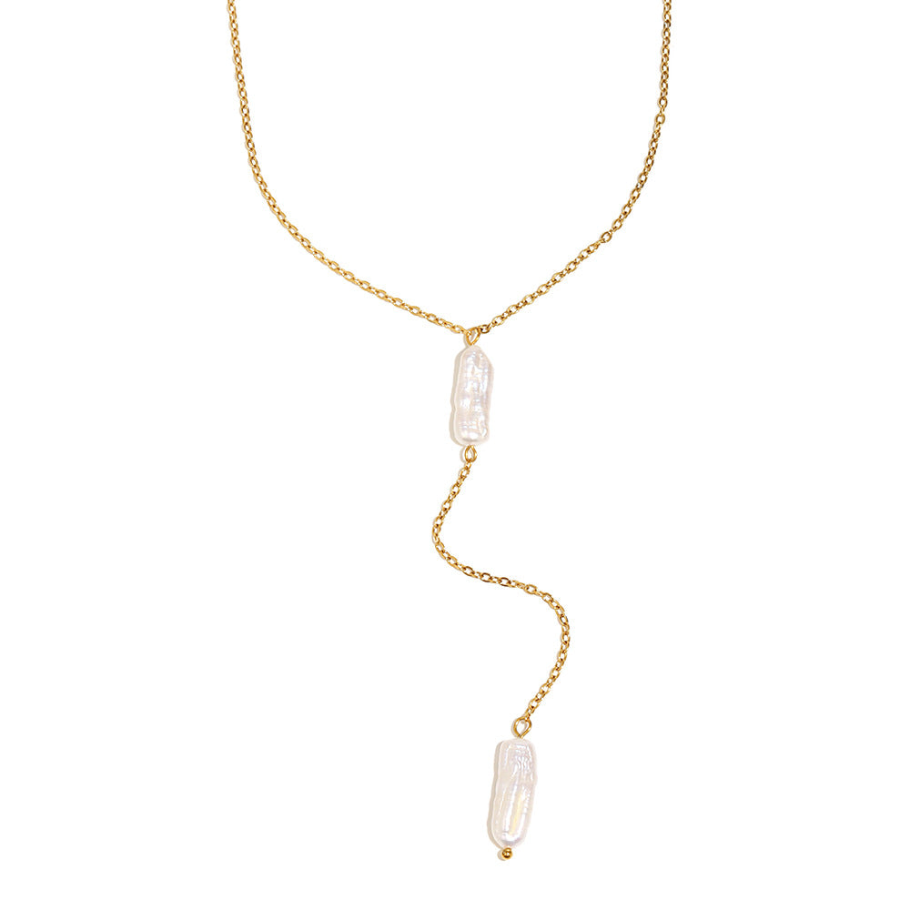 Minimalist Geometric Stainless Steel Plated 18K Gold Long Pearl Tassel Necklace for Women