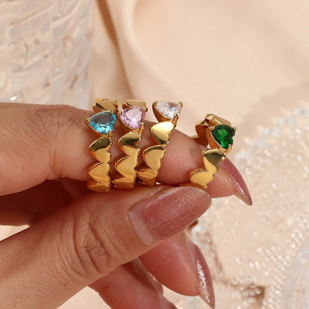 Minimalist Geometric Heart-Shaped Zirconia Ring in Stainless Steel with 18K Gold Plating for Women