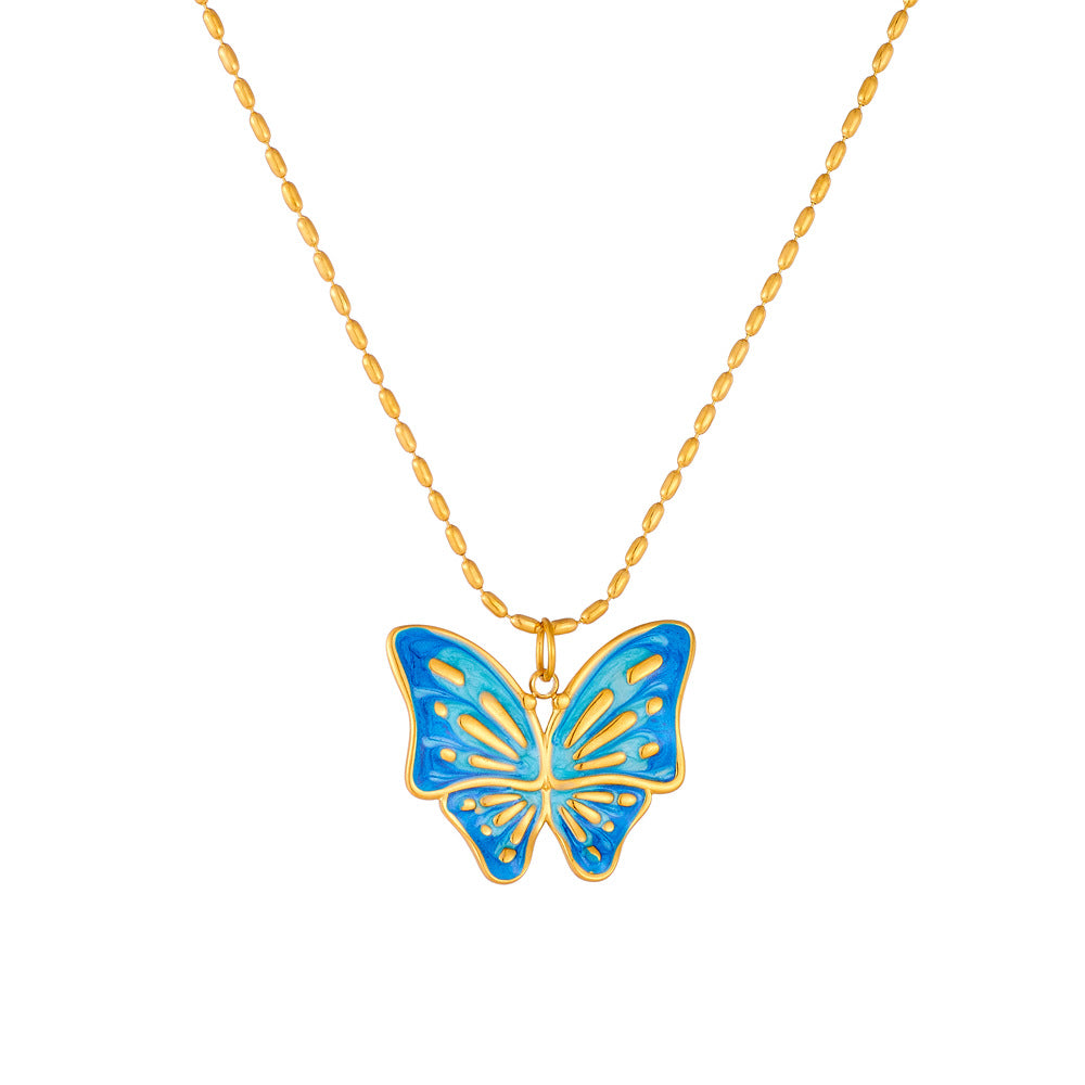 Sweet Blue Purple Gradient Drip Oil Butterfly Floral Stainless Steel Snake Chain Necklace