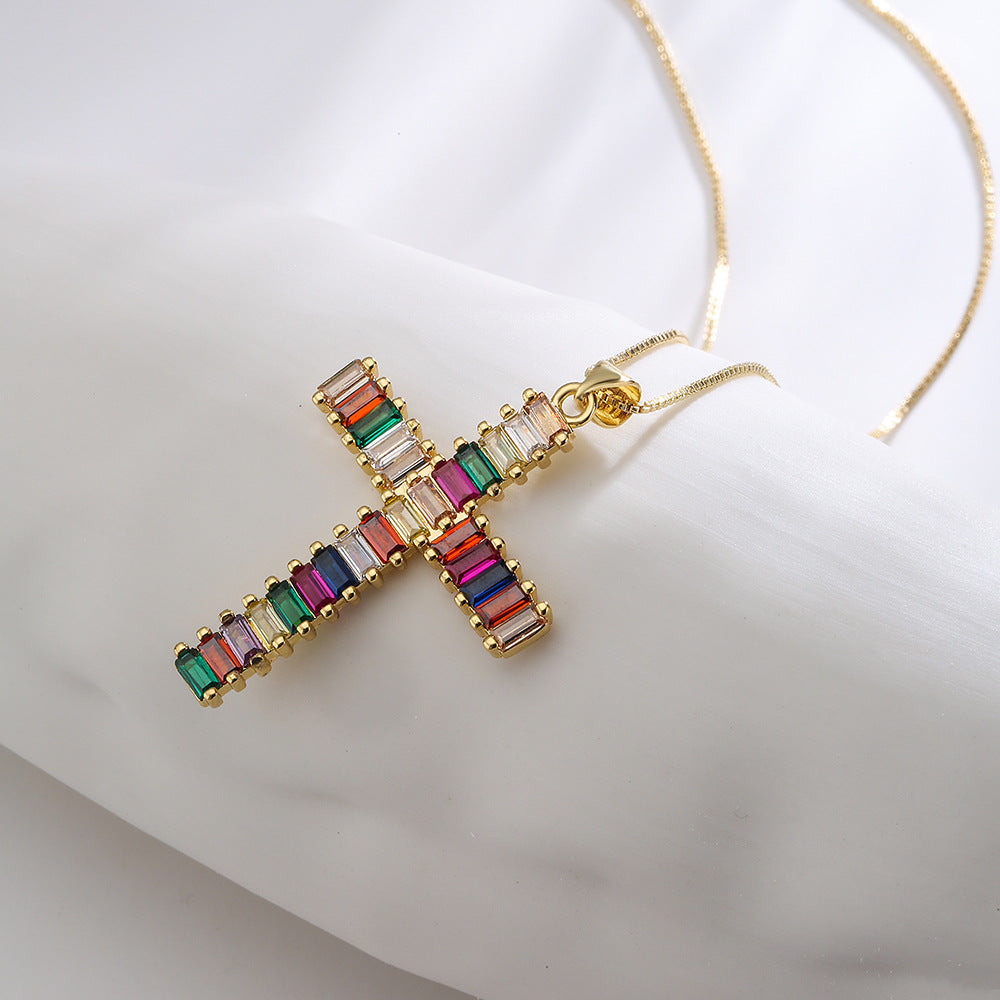 Minimalist Geometric Pendant Necklace for Women Made of Brass with Real Gold Plating and Rainbow Zircon Inlay