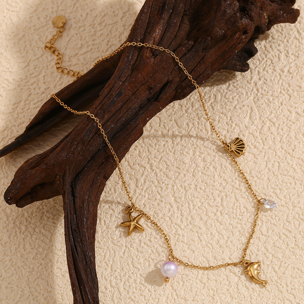Collar con Colgante de Acero Inoxidable de Inspiración Marina Vintage con Abalorios de Estrella de Mar y Delfín, Chapado en Oro de 18K, Accesorio de Moda Femenina