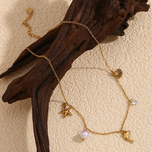 Vintage Ocean-Inspired Stainless Steel Pendant Necklace with Starfish and Dolphin Charms, 18K Gold Plated, Women's Fashion Accessory