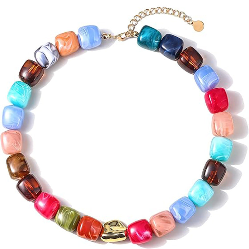 Bohemian Casual Geometric Oval Resin Polished Pendant Ball Chain Necklace for Women
