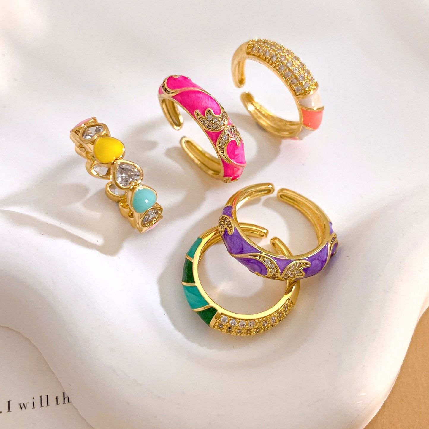 Minimalist Colorful Heart Drip Oil Gold Plated Brass Adjustable Ring for Women
